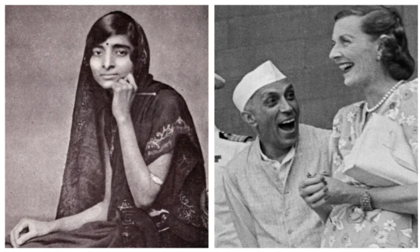 A collage featuring Kamala Nehru (left), wife of Jawaharlal Nehru, in a traditional sari, and Nehru laughing with Edwina Mountbatten (right), reflecting his personal relationships and public life.