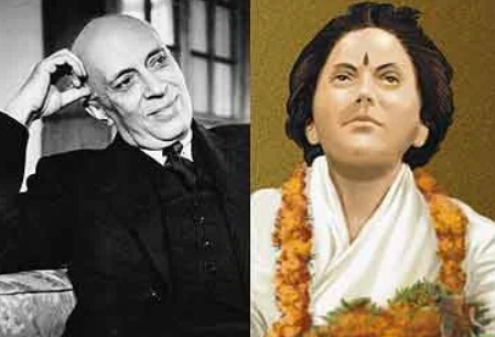  A split image showing Jawaharlal Nehru (left) smiling while in conversation and Shraddha Mata (right), a sannyasin, referencing their controversial association.