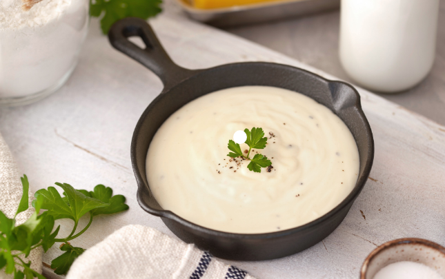 A creamy Béchamel sauce in a black skillet garnished with parsley.