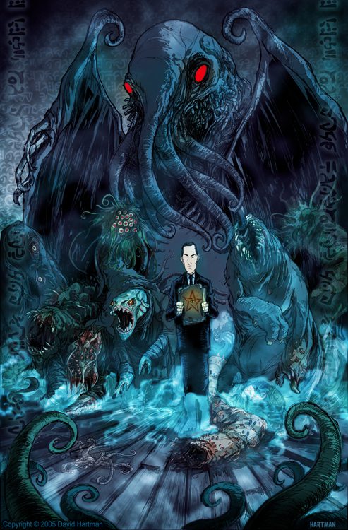 A dramatic illustration depicting a man standing confidently with an arcane book in his hands, surrounded by monstrous creatures in a dark, mystical setting. The central figure is flanked by a massive, tentacled creature with glowing red eyes, along with other grotesque beings, all set against a backdrop of eerie symbols and a stormy atmosphere.