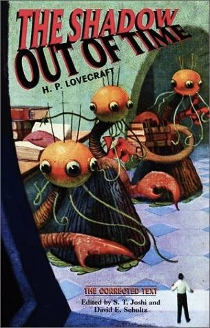 Book cover of ‘The Shadow Out of Time’ by H.P. Lovecraft, showcasing an illustration of otherworldly creatures with large, orange eyes and snail-like bodies, set against an eerie, alien landscape. A lone human figure stands in the foreground, looking towards these strange entities. The title and editor names are displayed in green and white text at the top