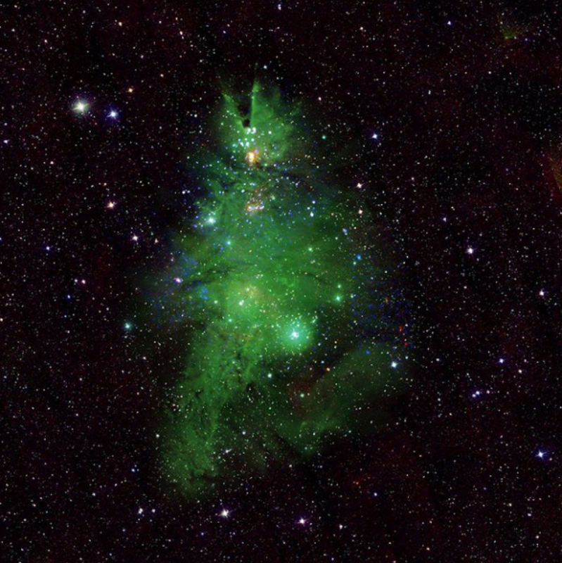 Lush green nebula captured in infrared, showing star formation within our galaxy.