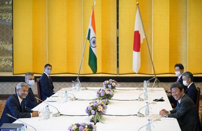 External Affairs Minister Subrahmanyam Jaishankar and his Japanese counterpart Toshimitsu Motegi smile at the start of their luncheon meeting at the Iikura Guest House in Tokyo, Japan, on Oct. 7, 2020