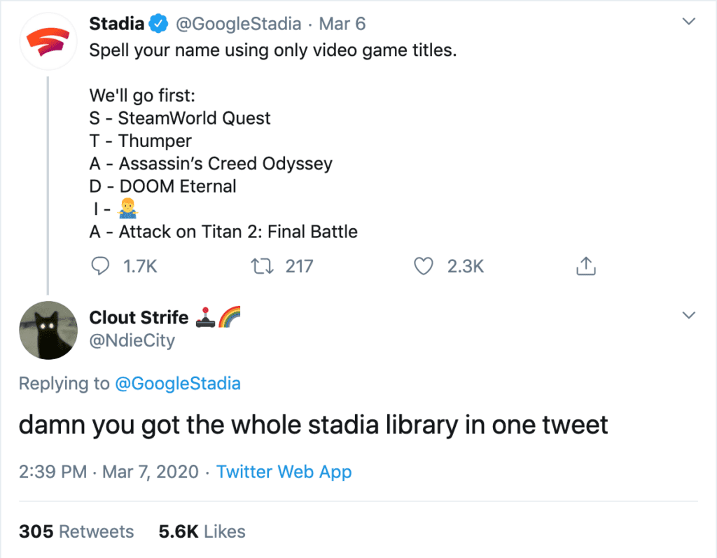 A twitter post attacking Stadia’s limited library of games.