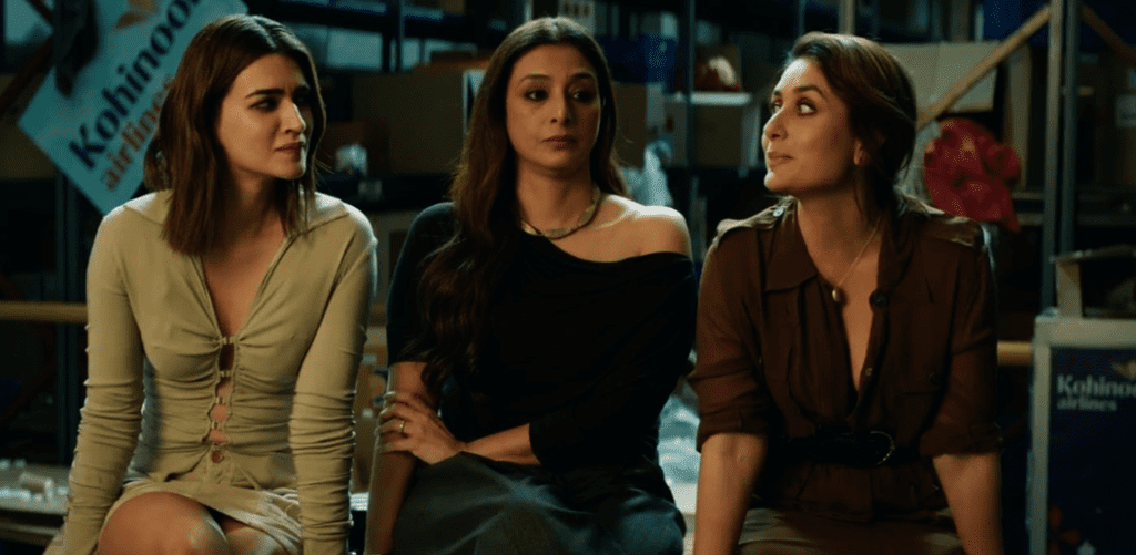 Tabu, Kareena Kapoor Khan, and Kriti Sanon's characters planning a heist in the film Crew.