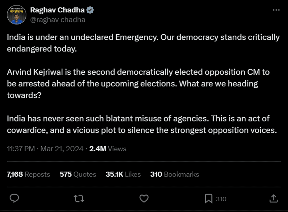 A post on X (formerly Twitter) by Raghav Chadha, a prominent AAP party member.