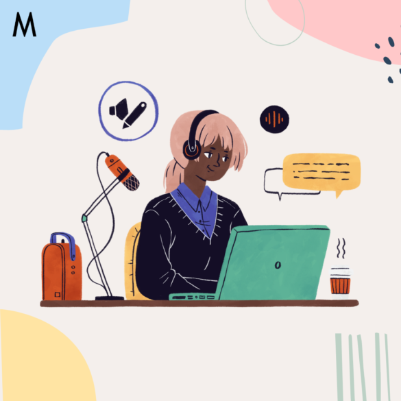 cartoon illustration of a woman with headphones working on a laptop. She is sitting at a desk with a microphone on a stand, a book, and a cup of coffee. Various icons, including a pencil and sound waves, float around her, indicating creative and audio tasks.