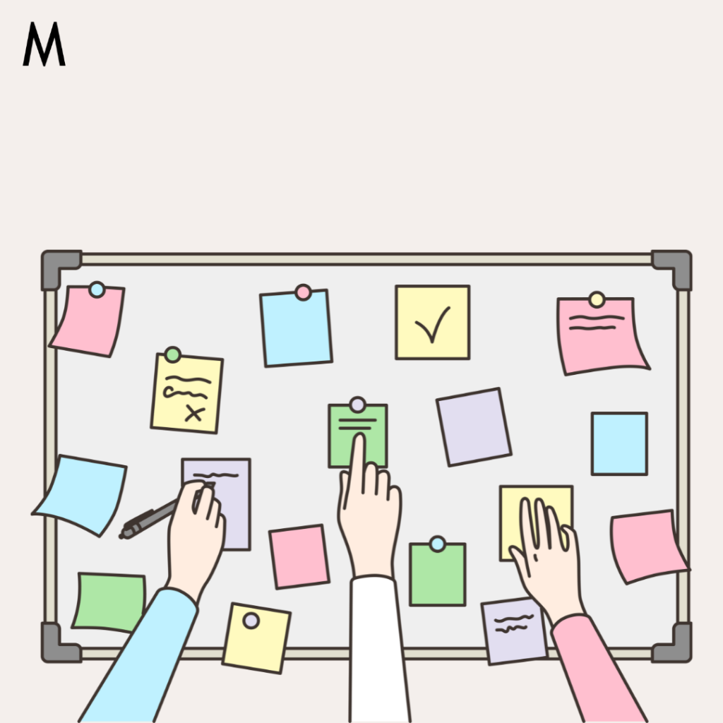 A minimalist illustration of a whiteboard with various colorful sticky notes pinned to it. Three hands are seen interacting with the notes: one holding a pen and writing, one pointing at a green note, and another placing a pink note