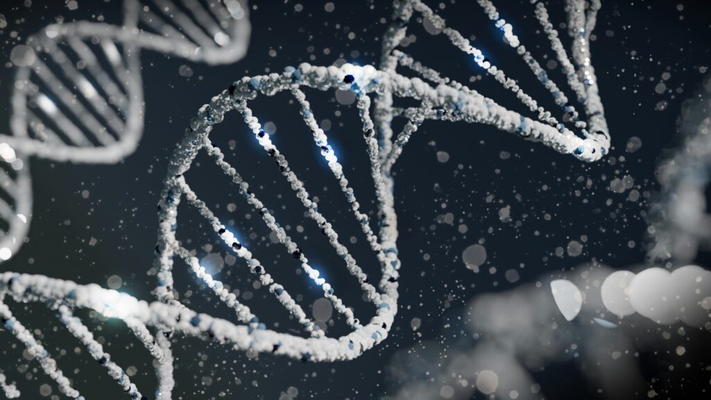 Close-up image of a DNA double helix structure, with detailed visualization of the nucleotide sequence.