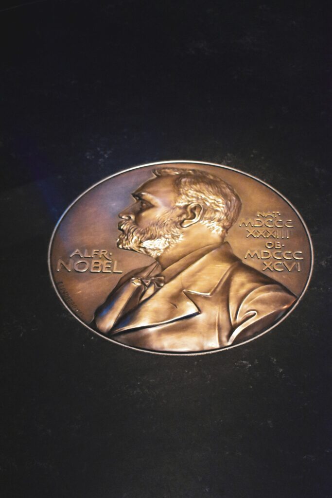 The Alfred Nobel medallion as seen in the Nobel Museum.