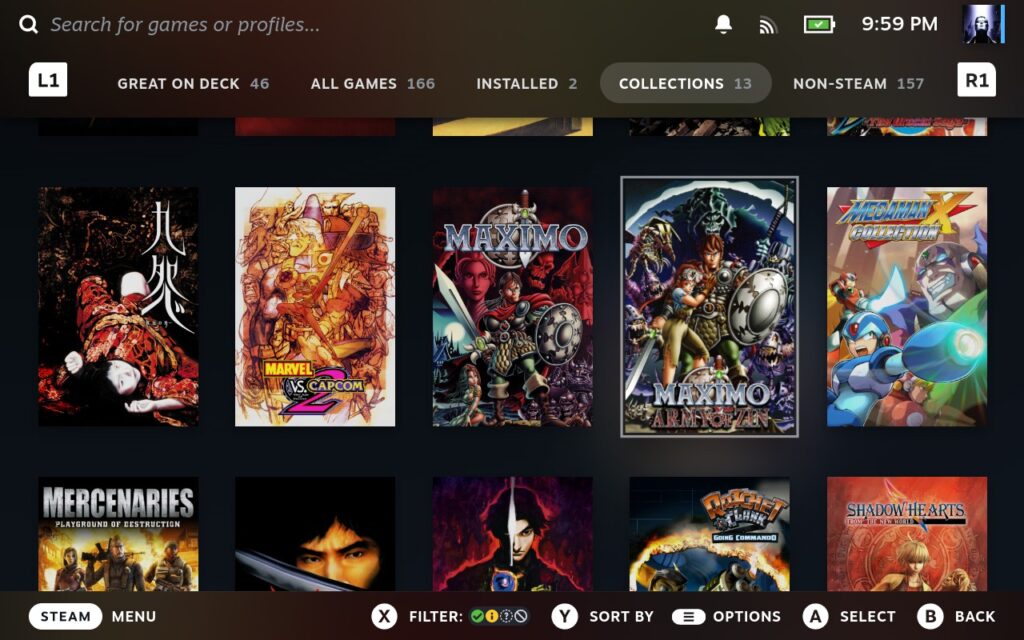 Steam Deck game library interface showing popular games like Marvel vs. Capcom 2 and Maximo. Emphasis on Steam Deck’s vast collection, highlighting its appeal for handheld and retro gaming fans.