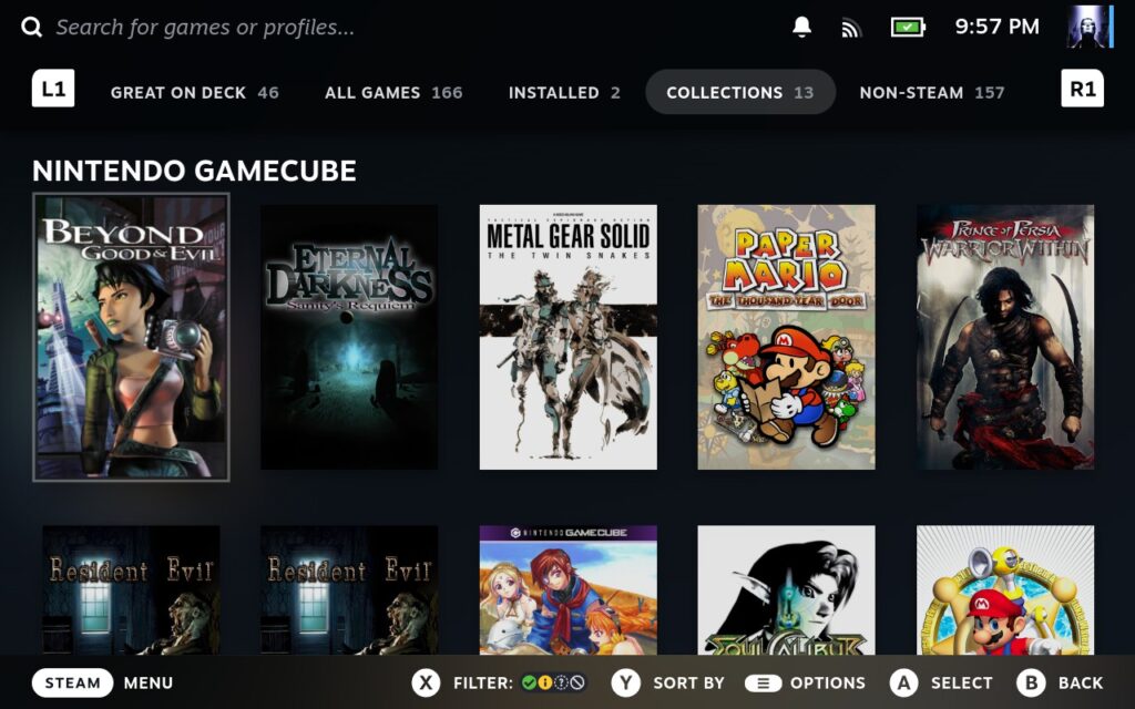 Nintendo GameCube game selection on Steam Deck, featuring titles like Eternal Darkness and Paper Mario. Perfect for exploring GameCube classics in handheld form through emulation on Steam Deck.