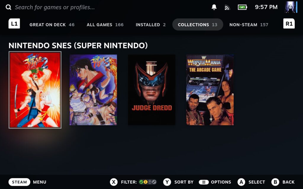 Nintendo SNES game collection on Steam Deck, including iconic titles like Final Fight 2 and Judge Dredd. Highlights the nostalgia of SNES games brought back to life on modern handheld gaming devices.