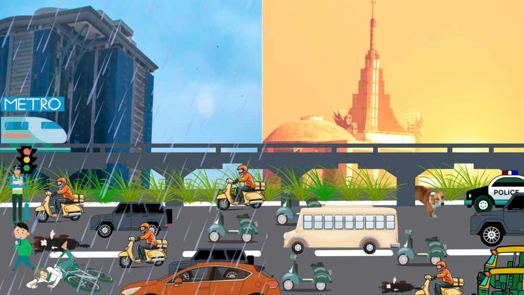 A split image of Bengaluru’s contrasting realities: the rainy, bustling metro city on the left, and the scorching, congested streets on the right, highlighting the city’s struggle with rapid urbanization and environmental decline.