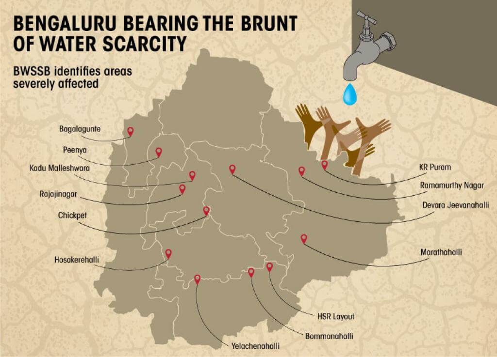 A map of Bengaluru highlighting the areas severely affected by water scarcity, with BWSSB identifying critical zones such as KR Puram, Rajajinagar, and Marathahalli, underscoring the city’s growing struggle to meet its water demands.