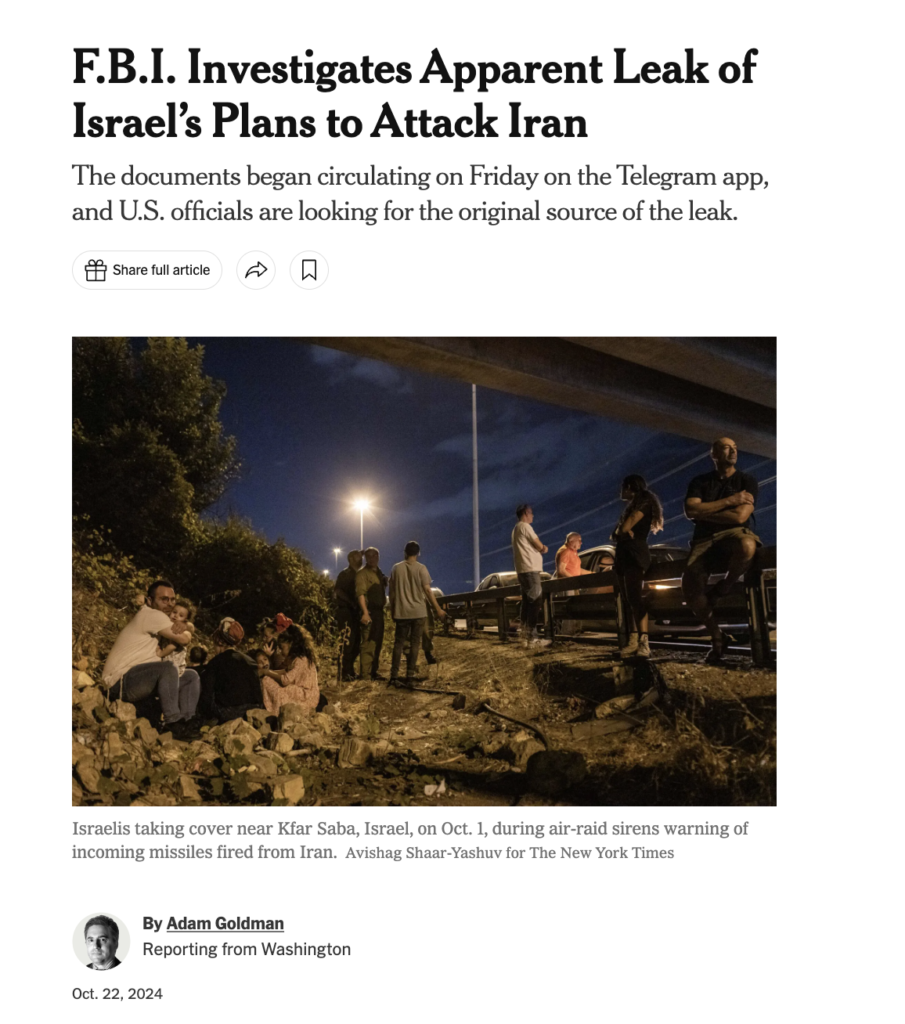 Screenshot of a New York Times article headline reporting the FBI’s investigation into the leak of Israel’s plans to attack Iran on Telegram, with an image below showing Israelis taking cover near Kfar Saba, Israel, during air-raid sirens warning of missile attacks from Iran.