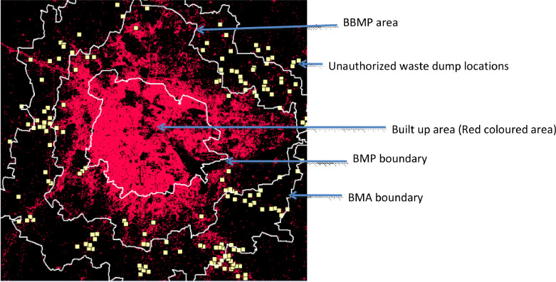 A map highlighting Bengaluru’s built-up areas (in red) along with boundaries for BBMP, BMP, and BMA regions. Unauthorized waste dump locations are marked across the city, illustrating the widespread issue of illegal dumping amidst rapid urbanization.