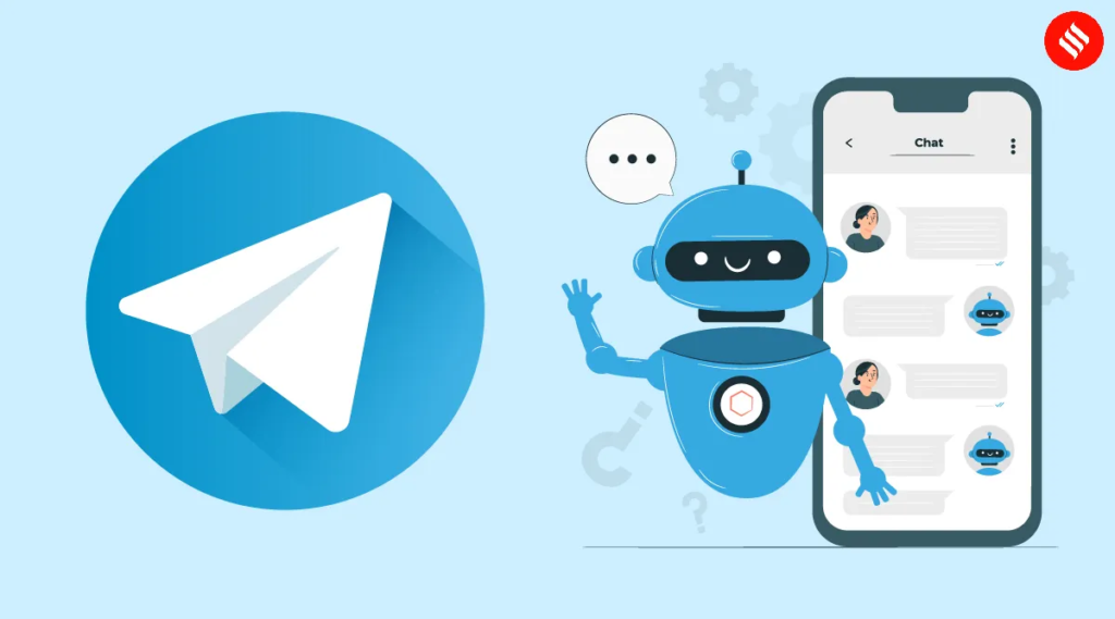 Illustration of the Telegram logo next to a smiling blue robot interacting with a smartphone screen showing a chat interface, symbolizing the use of bots within the Telegram messaging platform.