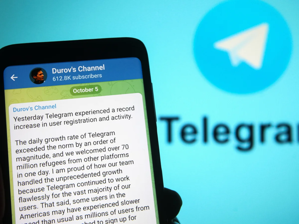 Screenshot of Pavel Durov’s Telegram channel, showing a message celebrating a record increase in user registration and activity on October 5, with over 70 million new users in one day