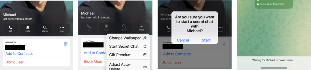 Series of screenshots showing the process of initiating a secret chat on Telegram. It includes a user profile, menu options to start a secret chat, a confirmation pop-up, and the final screen waiting for the other user to come online with the ‘Do not allow forwarding’ feature activated.