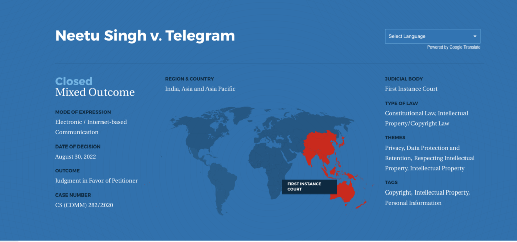 Screenshot of a case summary for ‘Neetu Singh v. Telegram’ displaying the case outcome as ‘Closed: Mixed Outcome.’ It includes details such as the case’s jurisdiction in India, Asia, and Asia Pacific, a decision date of August 30, 2022, and themes related to privacy, data protection, and intellectual property.