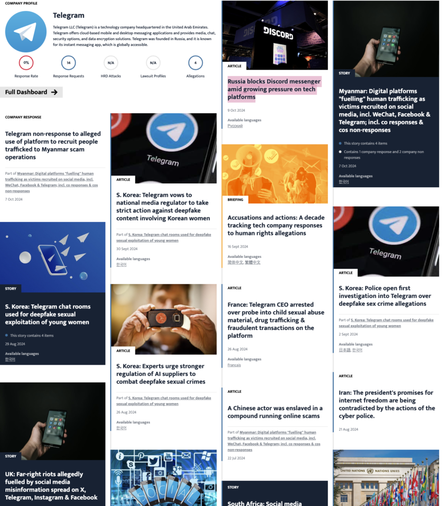 Collection of articles and stories related to Telegram, covering topics like human trafficking, deepfake sexual crimes, and Telegram’s role in riots and protests across various countries.