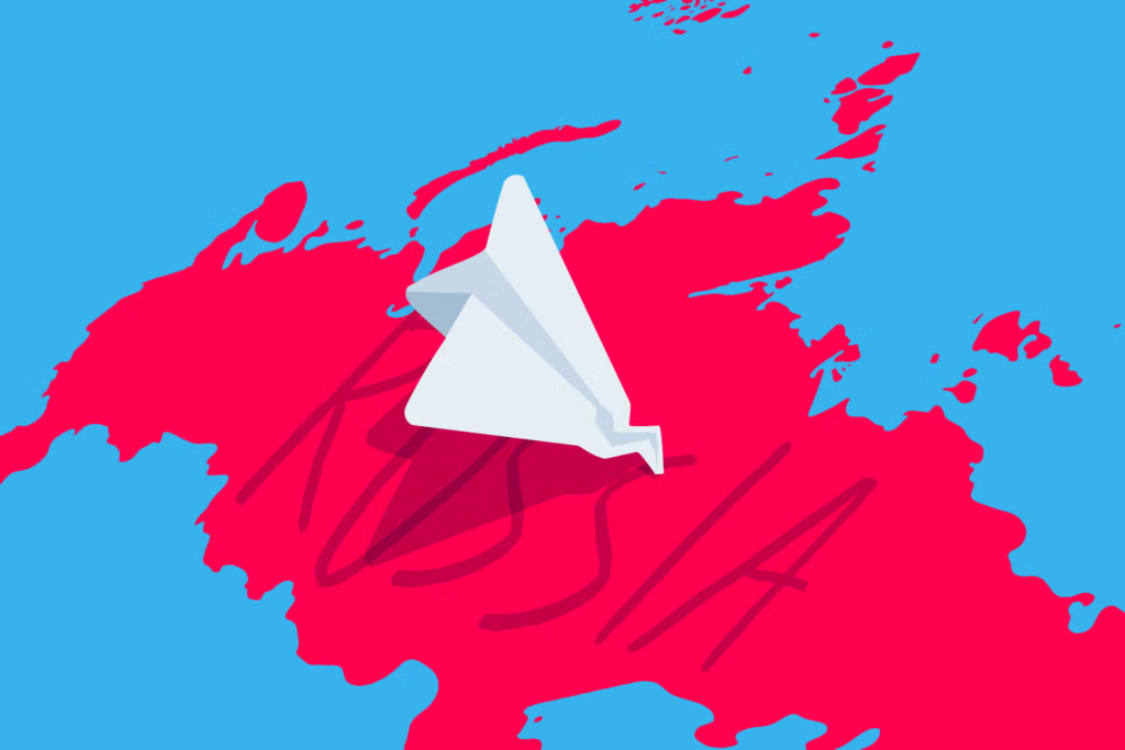 Illustration of a paper plane, the symbol of Telegram, placed over a red map of Russia, highlighting the platform’s connection or issues with the country.