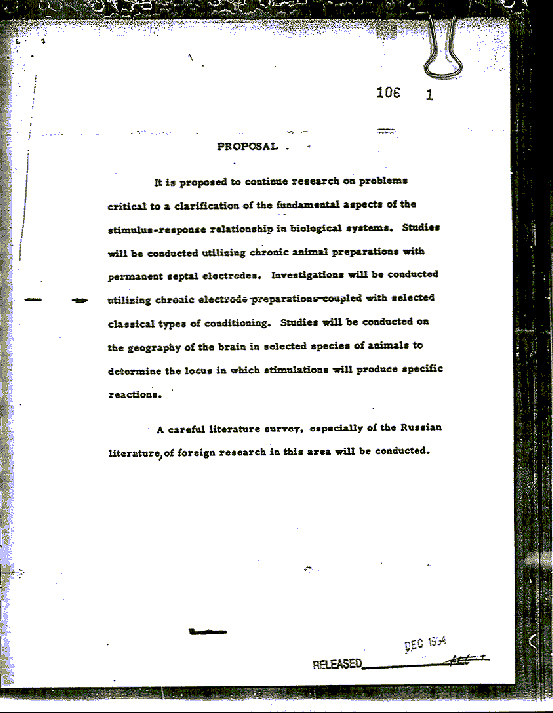 Declassified research proposal outlining a study on stimulus-response in animals using implanted electrodes to map brain reactions. Includes a review of Russian literature on similar research.