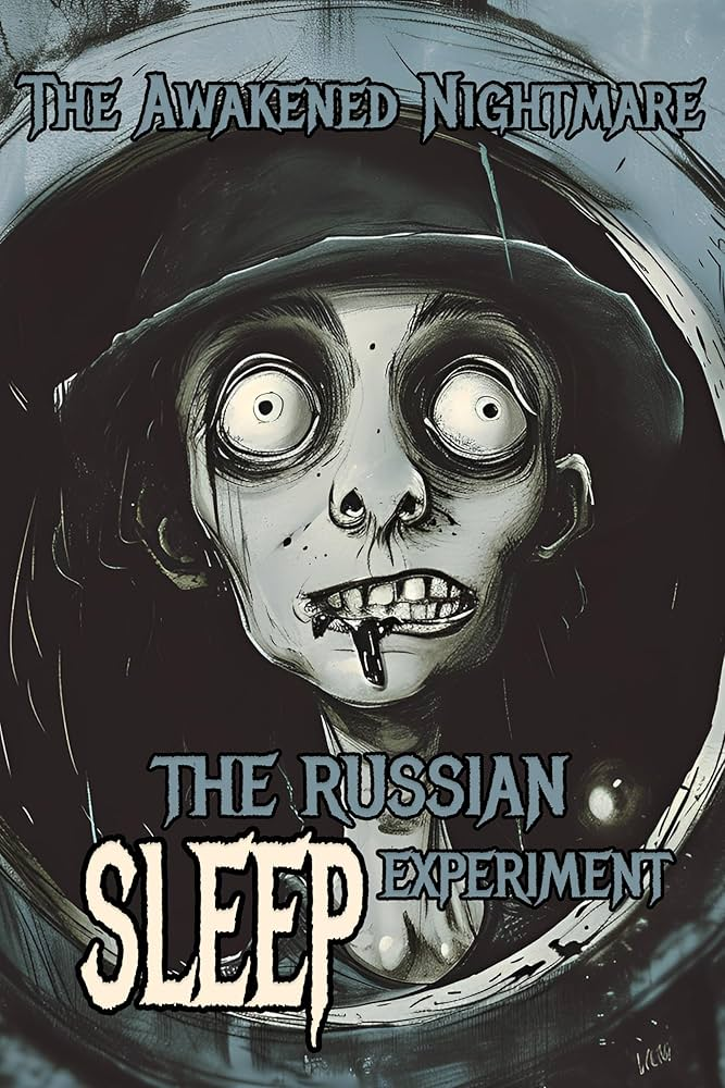 Illustration of a wide-eyed, eerie figure with hollowed eyes and cracked teeth, titled ‘The Awakened Nightmare: The Russian Sleep Experiment.