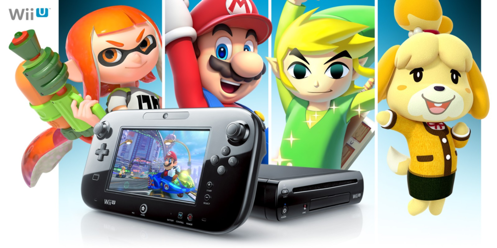 Nintendo Wii U Console with popular characters like Mario, Link, and Isabelle - The underappreciated predecessor to the Nintendo Switch that paved the way for the handheld gaming revolution.