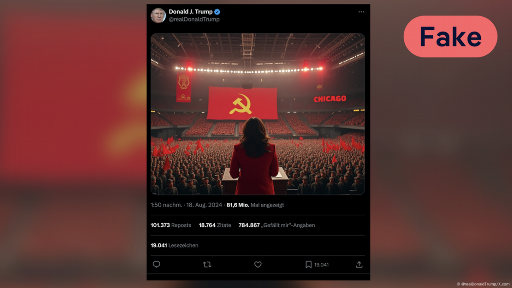 AI-generated image depicting a crowded stadium with red communist banners and a figure standing on stage, suggesting a rally or political gathering with ideological overtones.