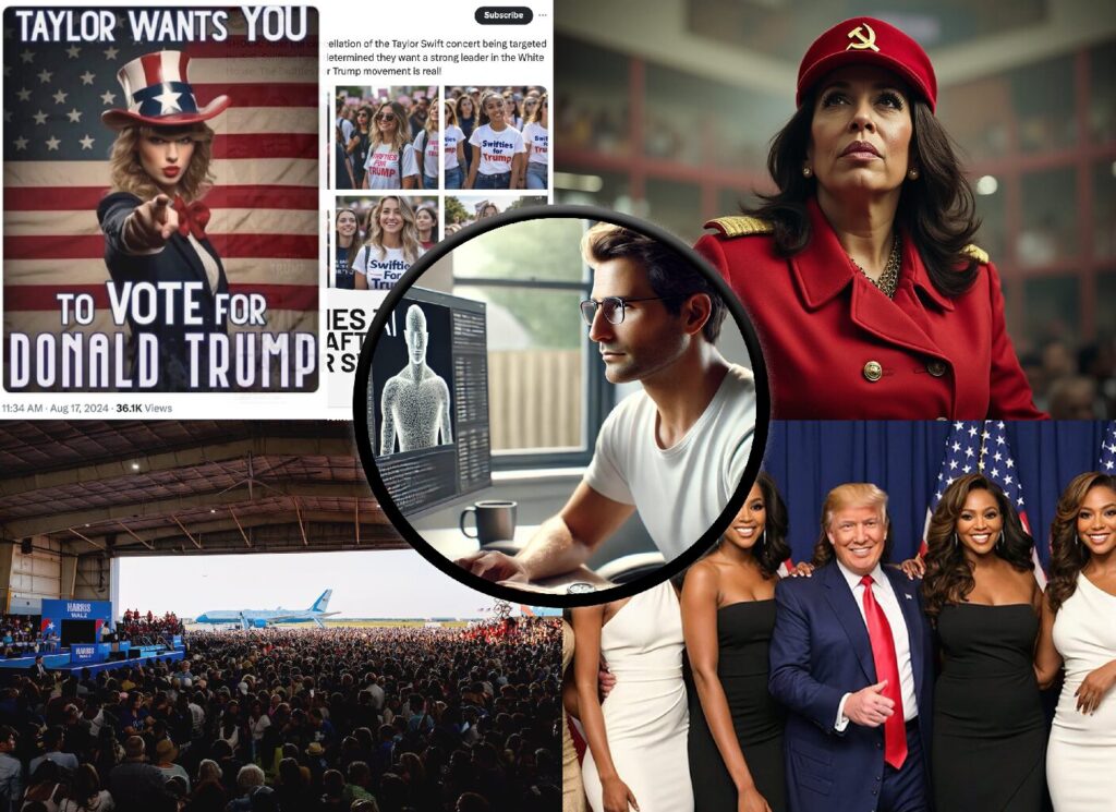 Collage of manipulated media involving Taylor Swift, highlighting her alleged support for Donald Trump, surrounded by visual clues to suggest the content is staged or misleading.