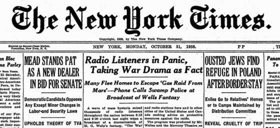 New York Times headline reading ‘Radio Listeners in Panic, Taking War Drama as Fact,’ detailing the chaos and hysteria following the infamous 1938 radio broadcast of ‘War of the Worlds.