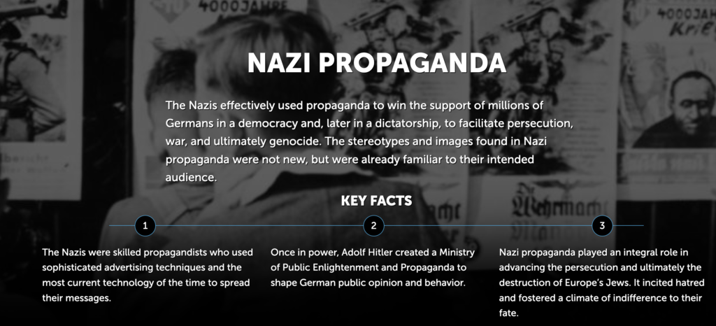 An infographic titled ‘Nazi Propaganda’ explaining how the Nazis used propaganda to gain support, spread stereotypes, and facilitate genocide. Key facts emphasize their sophisticated advertising techniques, the Ministry of Propaganda under Hitler, and the role of propaganda in fostering hatred and indifference. The bottom section displays historical Nazi propaganda posters.