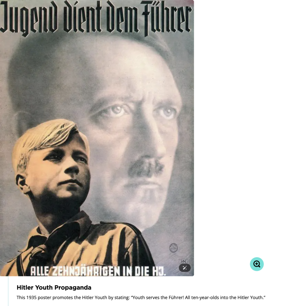 A poster promoting the Hitler Youth, with the slogan ‘Youth serves the Führer,’ showing a young boy alongside Adolf Hitler