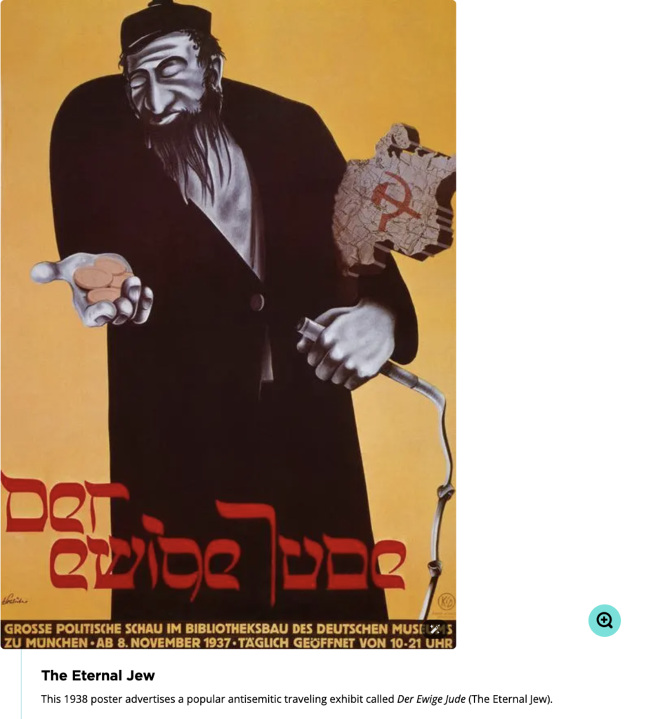 An anti-Semitic poster titled ‘The Eternal Jew,’ depicting a caricatured figure in dark colors, exemplifying propaganda aimed at demonizing Jewish individuals.