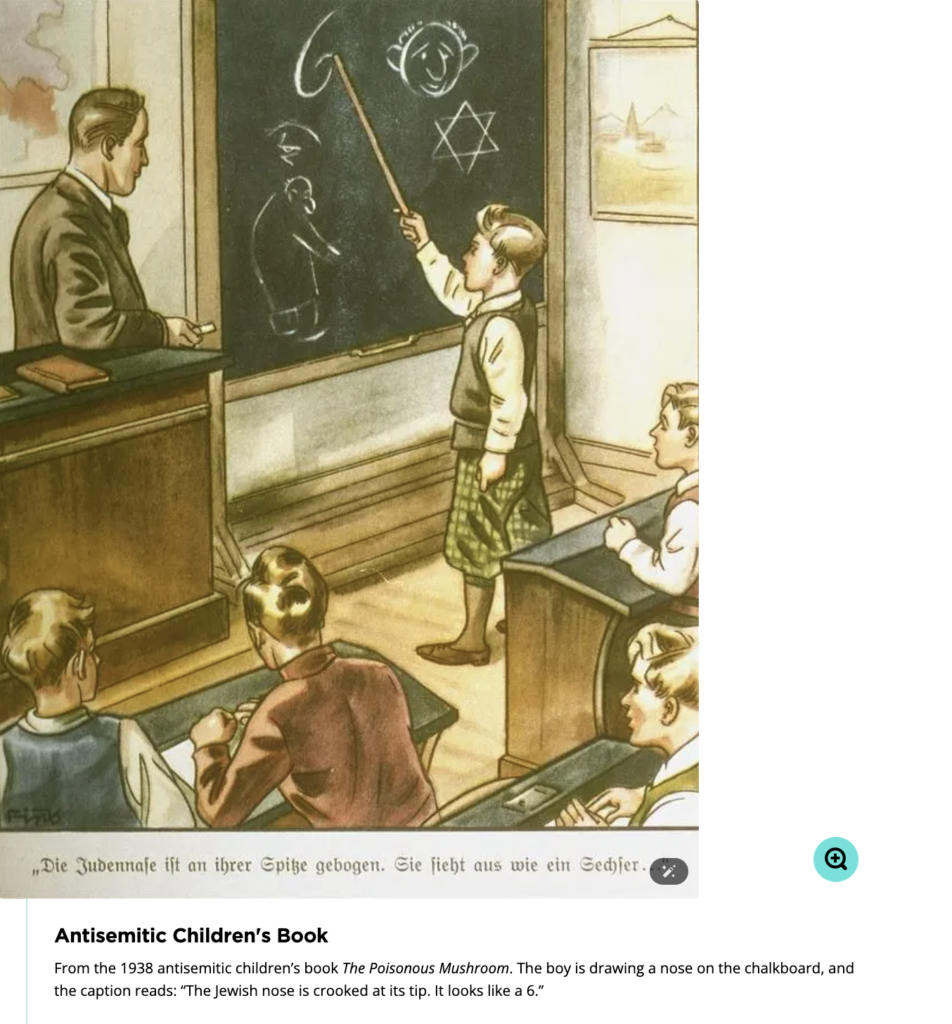 A Nazi-era classroom scene featuring a teacher and students, with a boy pointing to a blackboard displaying anti-Semitic drawings and symbols, illustrating discriminatory indoctrination during the Holocaust. The caption reads, ‘The Jewish nose is bent at its tip; it looks like a six