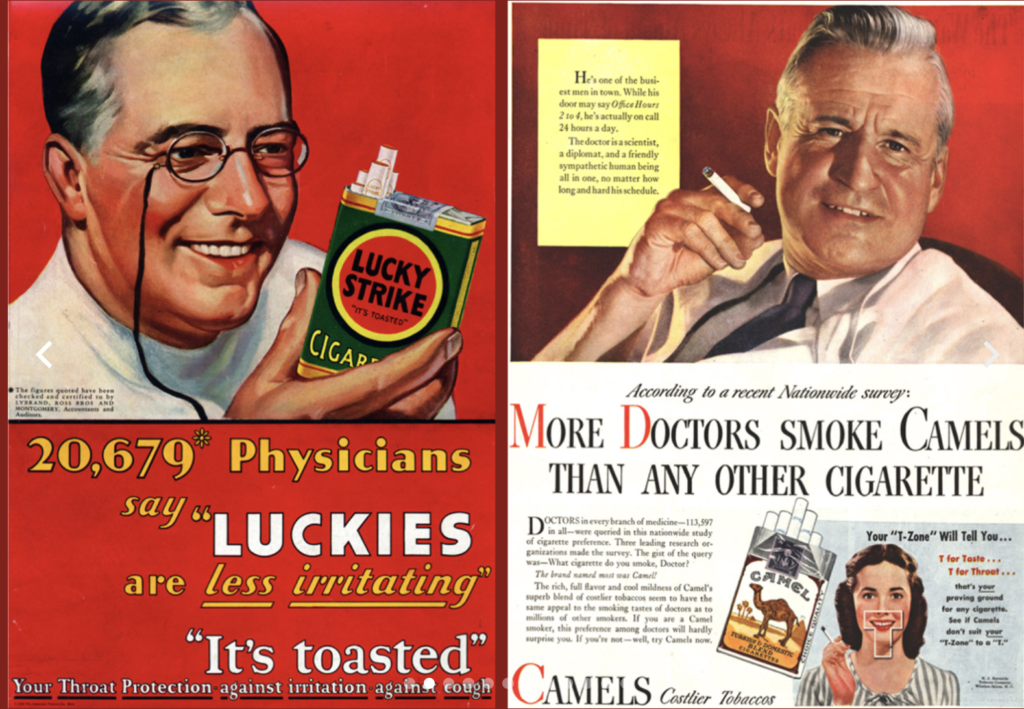 A vintage Lucky Strike ad featuring doctors endorsing the brand, with the claim ‘20,679 Physicians say Luckies are less irritating’ and the tagline ‘It’s toasted.