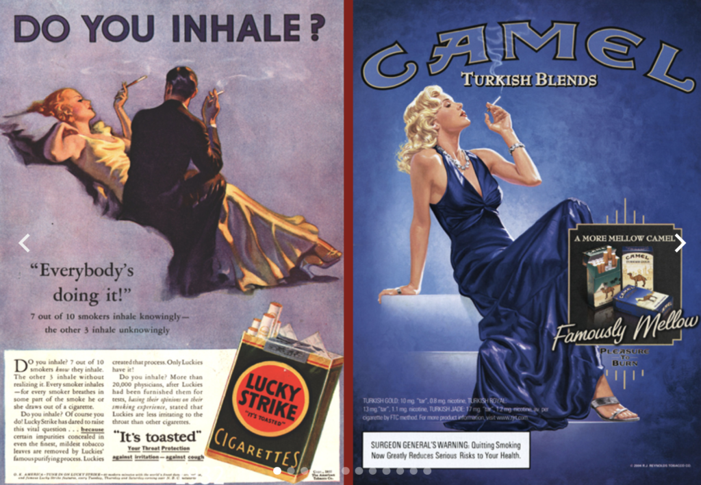 A Camel cigarette ad showing a glamorous woman in a blue gown seated elegantly, promoting ‘Camel Turkish Blends’ with an emphasis on sophistication and premium quality.