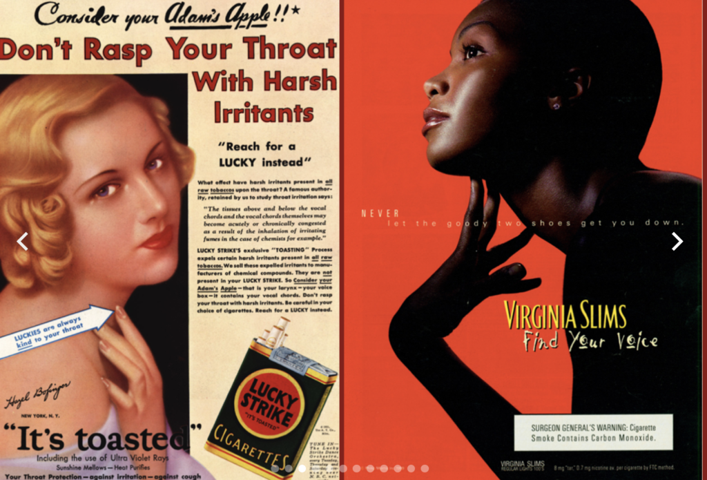 A Virginia Slims ad featuring a confident Black woman with the tagline ‘Find Your Voice,’ promoting the brand’s focus on individuality and empowerment.