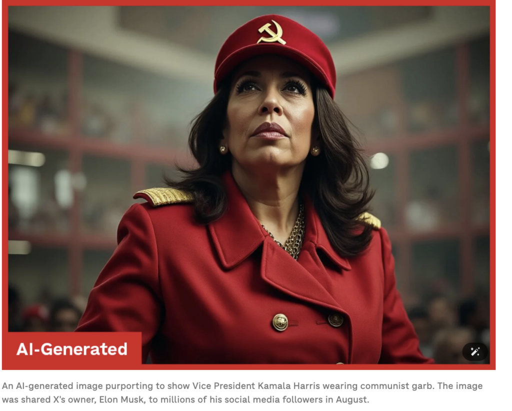 AI-altered image showing Kamala Harris in a red military-style outfit with communist insignia, evoking political narratives aimed at influencing public perception.