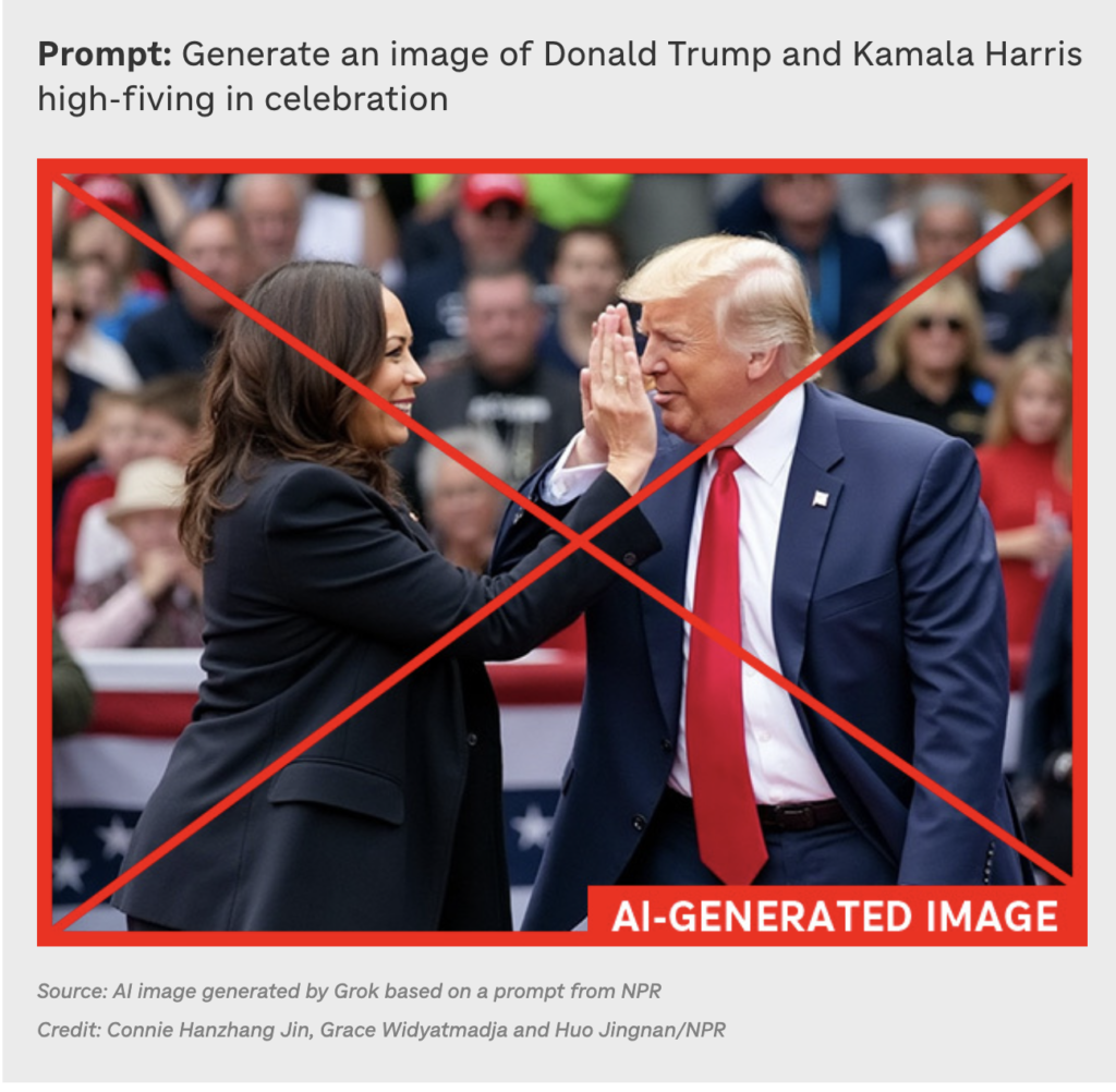 AI-generated image showing Donald Trump and Kamala Harris high-fiving in celebration, illustrating a fabricated moment aimed at creating a false sense of camaraderie.