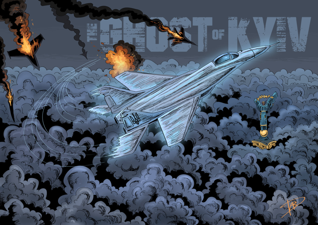 Illustrated poster titled ‘The Ghost of Kyiv,’ featuring a fighter jet soaring through dramatic clouds, with explosions and enemy planes in the background, symbolizing a heroic myth of Ukrainian resistance.