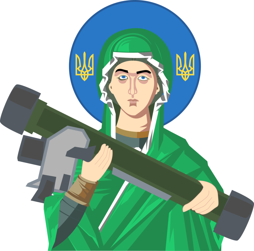 Illustration of a modernized saint figure, referred to as ‘Saint Javelin,’ holding a missile launcher, adorned with a blue halo featuring the Ukrainian trident symbol, blending religious imagery with wartime symbolism.