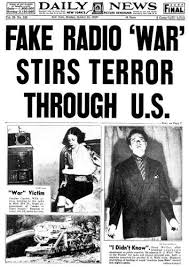 Newspaper headline from the Daily News reading ‘Fake Radio ‘War’ Stirs Terror Through U.S.,’ featuring images of supposed ‘War’ victims and public reactions to the panic caused by the 1938 ‘War of the Worlds’ broadcast.