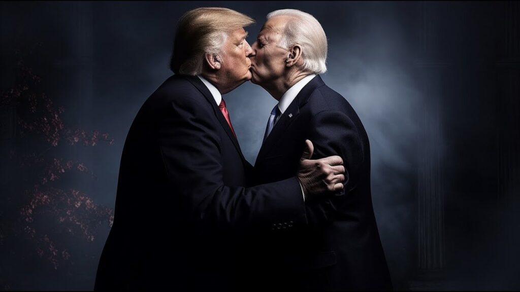 AI-manipulated image showing Donald Trump and Joe Biden in a staged, dramatic kiss, symbolizing political satire or commentary on polarization.