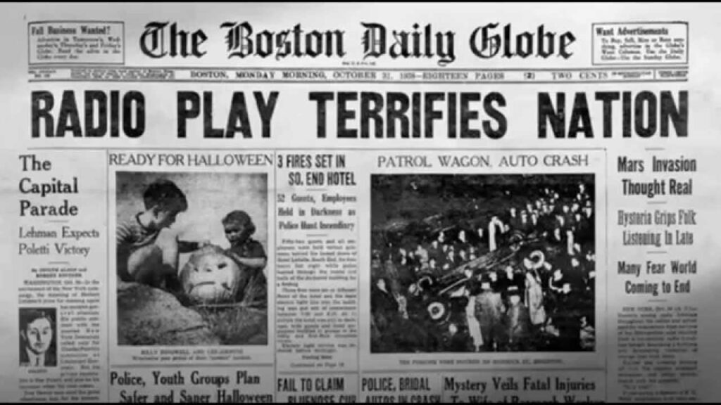 Boston Daily Globe headline stating ‘Play Terrifies,’ reporting on the widespread panic caused by Orson Welles’ ‘War of the Worlds’ broadcast and its dramatic impact on the public