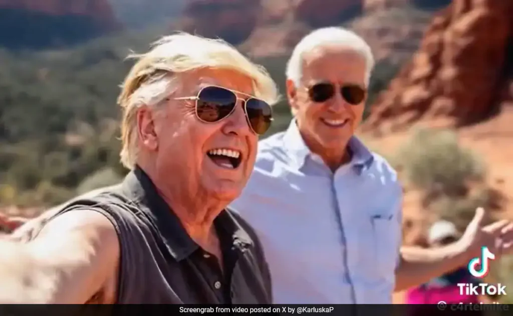 Manipulated image of Donald Trump and Joe Biden appearing to take a cheerful selfie together, with a casual, vacation-like backdrop, suggesting an ironic or satirical twist.