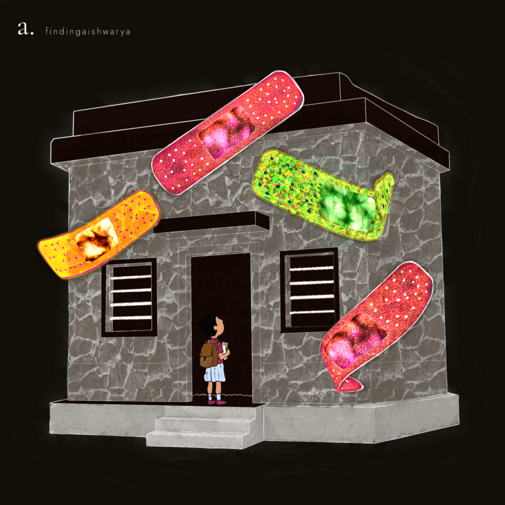 A child stands outside a cracked school building covered with oversized, brightly coloured adhesive bandages.