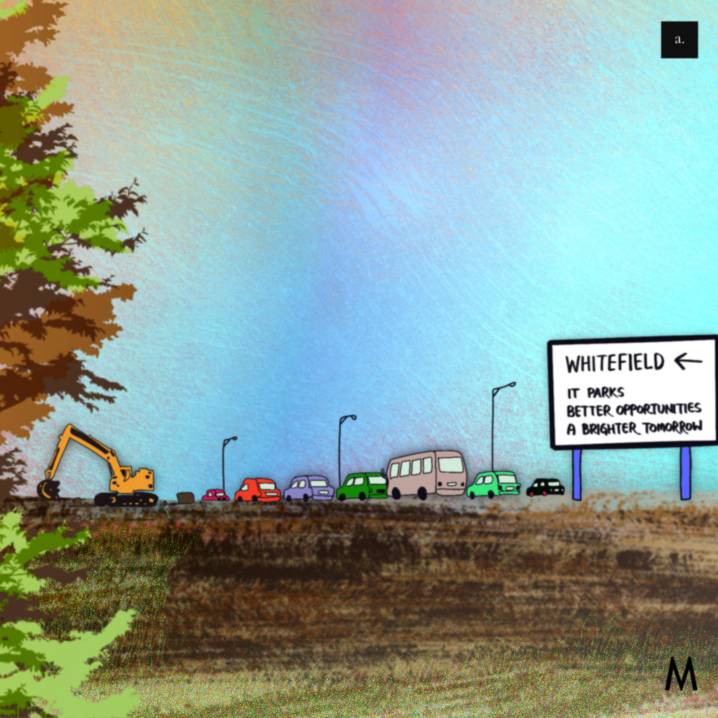 Vehicles and an excavator queue beside a Whitefield sign promising IT parks, better opportunities and a brighter tomorrow.
